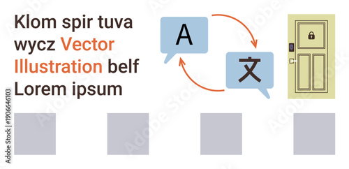 Language learning, secure access, communication, translation services, global connectivity, multilingual exchange. Speech bubbles with letters connected via arrows. Language learning and secure