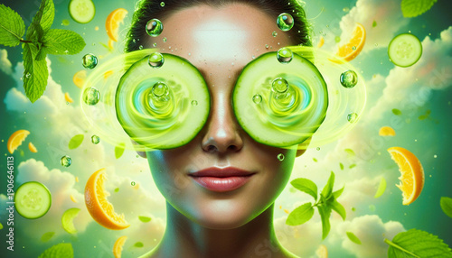 Natural Skincare and Wellness Concept with Woman Wearing Cucumber Eye Mask, Surrounded by Floating Organic Ingredients and Mint Leaves