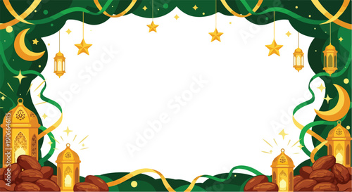 Ramadan kareem green and gold border frame with lanterns and dates.