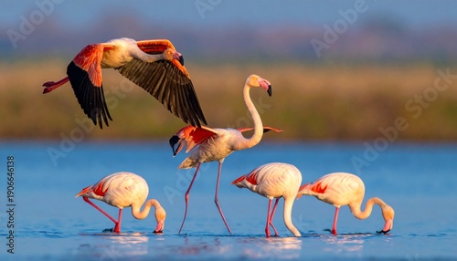 A group of flamingos wading in a tropical pond during the day
