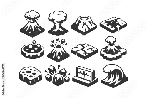 Monochrome natural disasters icons: volcanoes, earthquakes, tsunami, eruption, seismic waves.