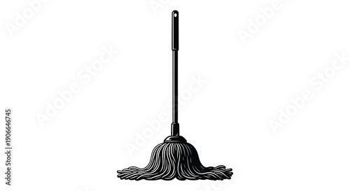 A striking black silhouette of a traditional floor mop with a long handle and frayed bristles silhouette high quality professional detailed