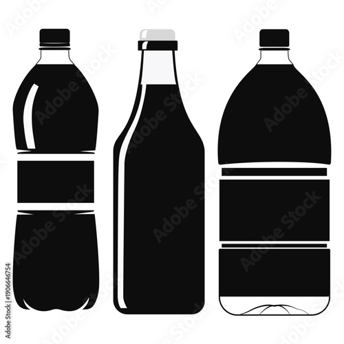 Set of three black silhouettes of plastic and glass beverage bottles.
