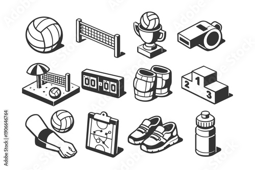 Black and white volleyball icons set featuring equipment and sports symbols.