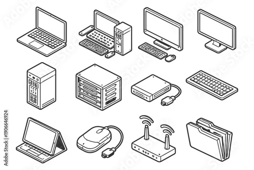 Isometric outline of computer devices and accessories.