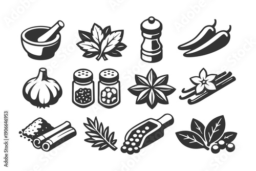 Set of spice icons including garlic, pepper, cinnamon, and herbs.