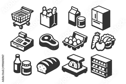 Grocery shopping icons: cart, food, refrigerator, scale, register, bread, produce, milk, eggs, meat.