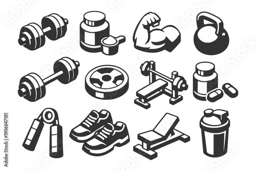 Monochrome fitness equipment icons: dumbbells, supplements, weights, bench, kettlebell.