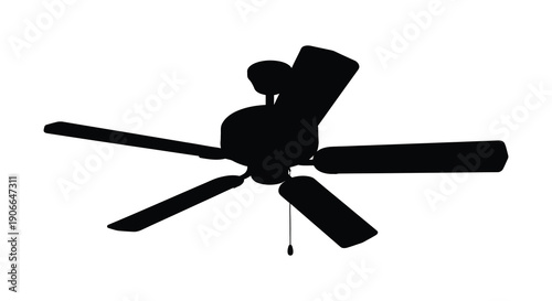 A stark black silhouette of a five blade ceiling fan is presented against a plain white background emphasizing form silhouette high quality