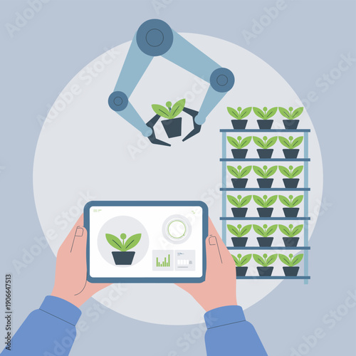 Person controlling robotic arm, smart vertical farm technology, precision agriculture, tablet-operated automation, modern farming, innovation, sustainable food systems
