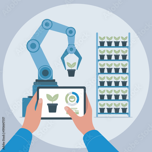 Person controlling robotic arm, vertical farm automation, smart agriculture innovation, tablet interface, precision farming, sustainable food production illustration