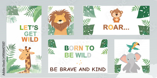 Jungle themed baby shower or nursery art with animals and foliage