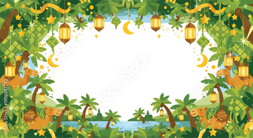 Festive islamic oasis border with camels, lanterns, and ketupat.