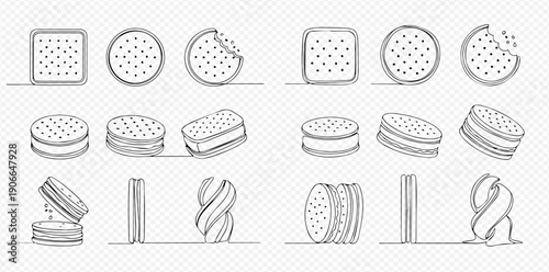 Continuous line drawing of cookies, crackers, and sandwich biscuits in various forms, including whole, bitten, and stacked, on a transparent background.
