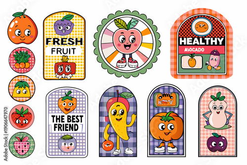 Colorful cartoon stickers featuring various anthropomorphic fruits and playful designs