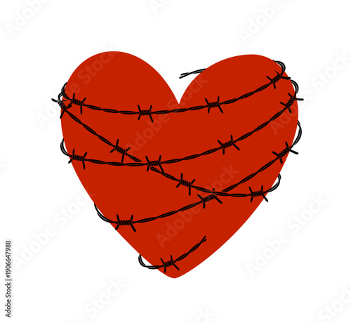 Red heart wrapped in black barbed wire. Metaphor of wounded heart vector illustration. Love, passion and suffering.