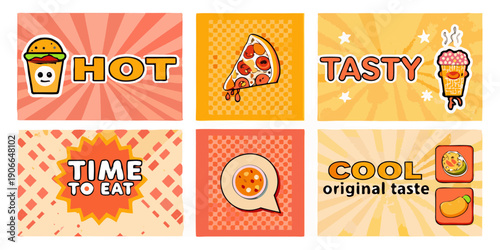 A colorful grid of fast food illustrations with playful text overlays