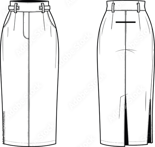 Fashion Flat Sketch of a Women's Pencil Skirt, Front and Back View High Waisted Midi Skirt Technical Drawing Vector Template