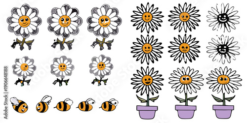 Smiling flowers in various stages of bloom and decay digitally illustrated