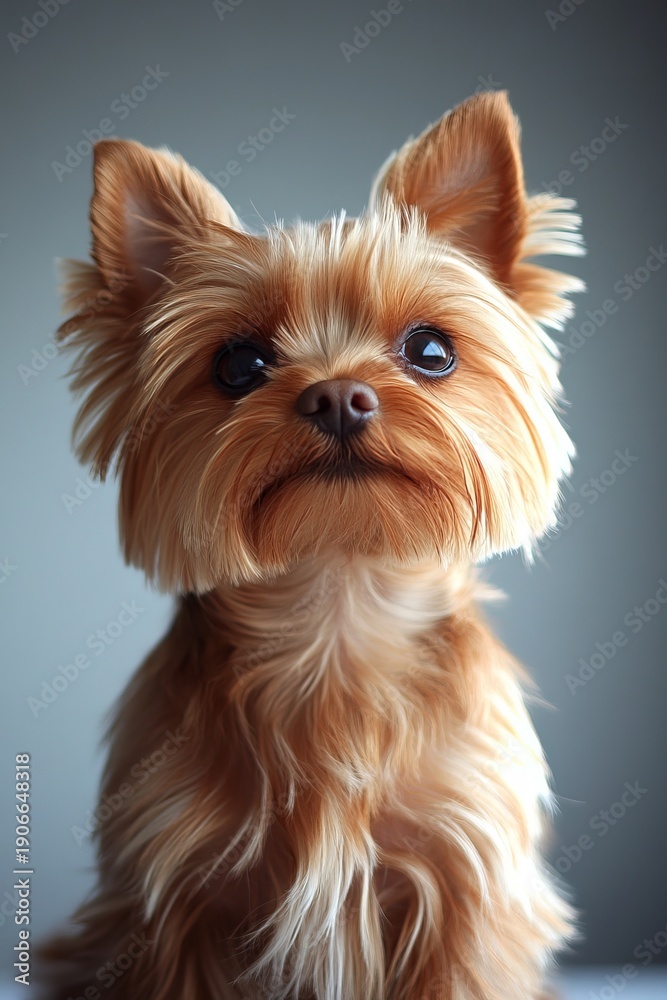 Fototapeta premium Charming Yorkshire Terrier with Expressive Eyes Gazing Intently in a Clean Studio Background