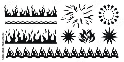 Black flame designs and decorative elements arranged on a white background