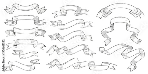 Collection of ornate swirling ribbons and banners on black background