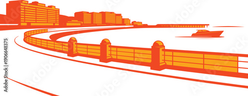 Coastal bay embankment with urban buildings railing and speedboat on water in orange tone