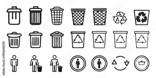 Collection of grayscale trash can and recycling icons with related symbols