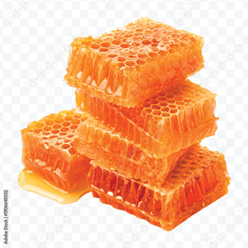realistic four stacked honeycomb pieces with dripping honey in different style isolated on transparent background