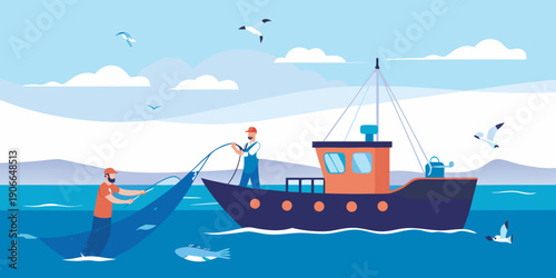 Fishermen hauling a net from a boat on a bright sunny day