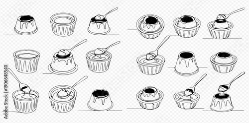 Set of continuous line drawings of various desserts and puddings, some with spoons, in a minimalist style.