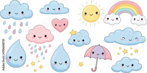 Colorful cartoon weather icons including clouds raindrops rainbow and umbrella with smiling faces on white background