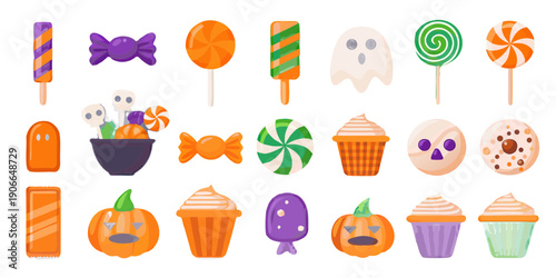 Colorful halloween candies pumpkins and ghostly treats arranged on black