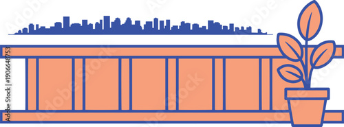 Urban skyline over a balcony with potted plant, illustrating city living concept