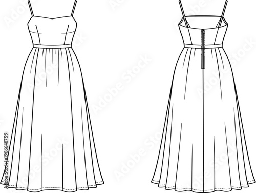 Fashion Flat Sketch of a Women's Spaghetti Strap Maxi Dress, Front and Back View Summer Sun Dress Technical Vector Template