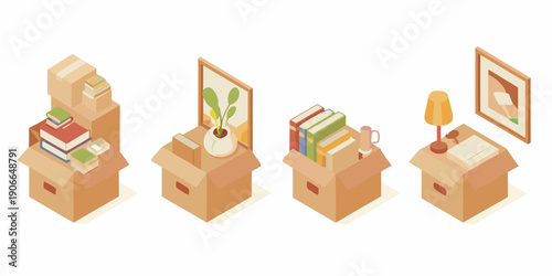 Isometric illustration of cardboard boxes filled with books and home items