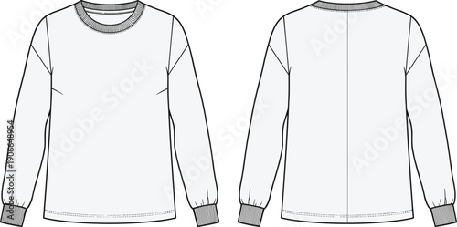 Fashion Flat Sketch of Women's Long Sleeve Top, Front and Back View Casual Sweatshirt Pullover Technical Drawing Vector Clothing Template