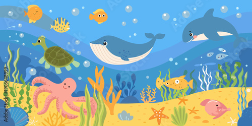 Colorful underwater scene featuring dolphins fish turtle and octopus