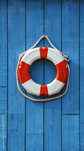 A lifebuoy placed on a blue wooden surface, creating a simple nautical scene.