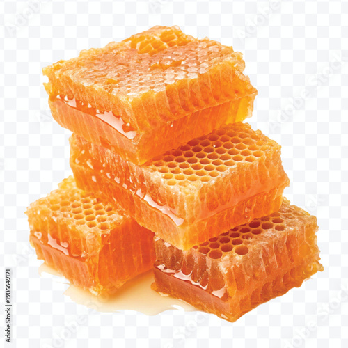 realistic four stacked honeycomb pieces with dripping honey in different style isolated on transparent background