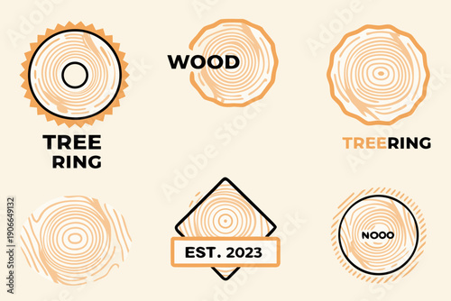 Illustrative wood designs featuring tree rings labels and geometric shapes