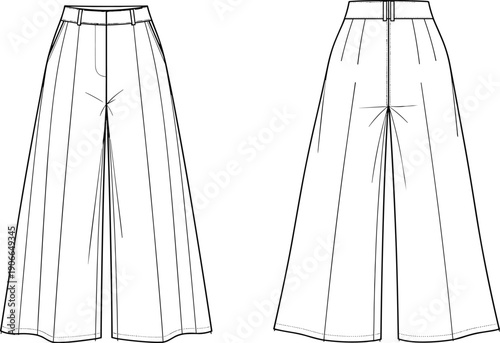 Fashion Flat Sketch of Women's Wide Leg Pants, Front and Back View High Waisted Trousers Technical Drawing Vector Apparel Template