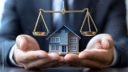 Balance scale holding miniature house depicting real estate law and property rights high resolution photo
