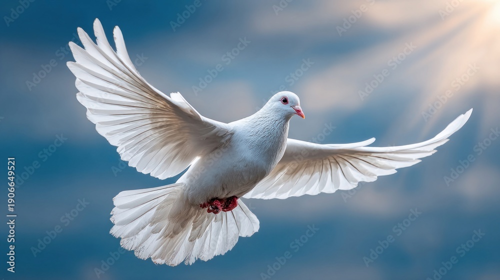 Obraz premium White dove soaring in the sky with outstretched wings against a blue background
