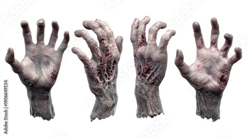 Creepy zombie hands with exposed flesh and veins against a white background.