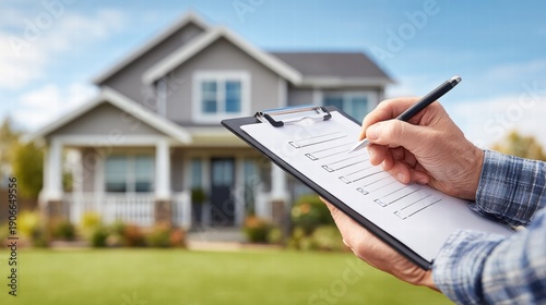 Home inspection with a checklist in front of a house.