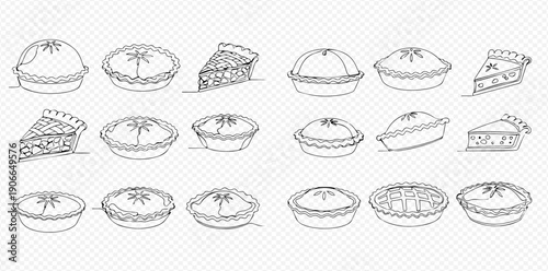 Collection of hand-drawn pie illustrations, including whole pies and sliced pieces, perfect for bakery designs or food-related projects.