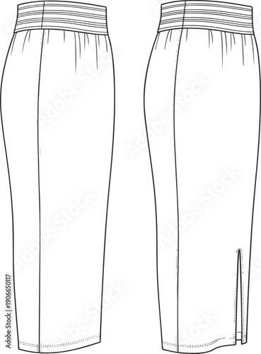 Fashion Technical Sketch of a Long Pencil Skirt with Back Slit, Women's Midi Straight Skirt Vector Template for Apparel Design