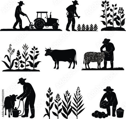 Agriculture and Farming Silhouettes Set: Farmers Working, Livestock, Crops, and Tractor Vector Illustrations