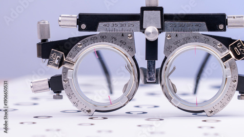 A trial frame, provided by an optometrist for the purpose of conducting an eye test. High quality photo